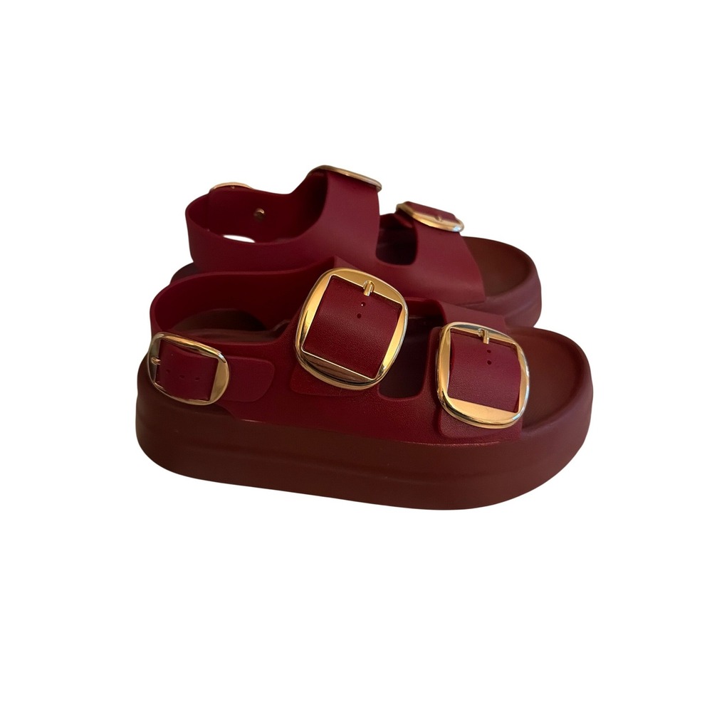 Jeffrey Campbell Platform Sandals Red Bubble-Gum Jelly Slingback Gold Buckles 7 - Picture 2 of 6